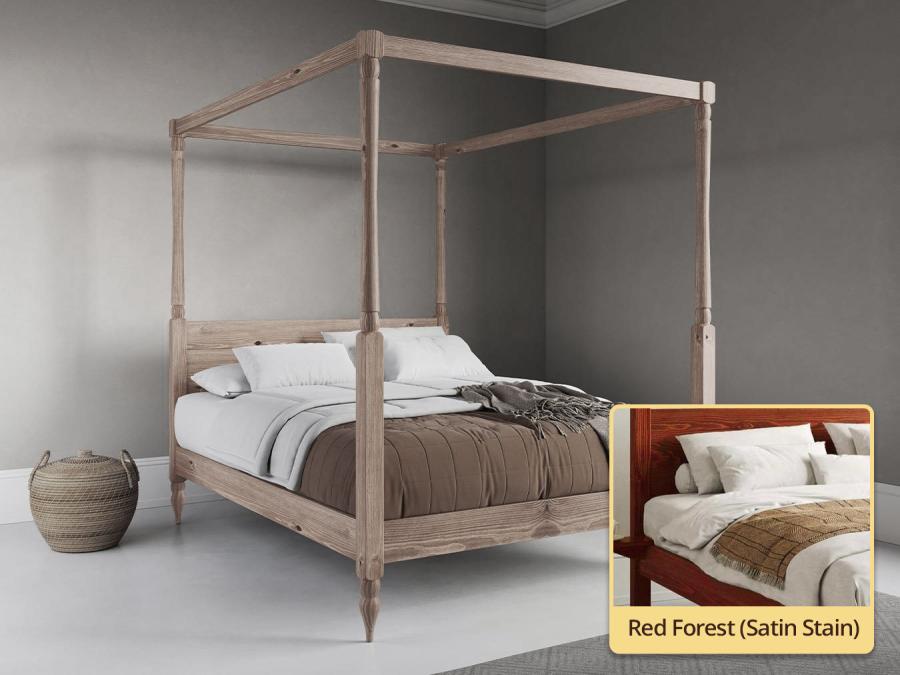 red wooden country four poster bed